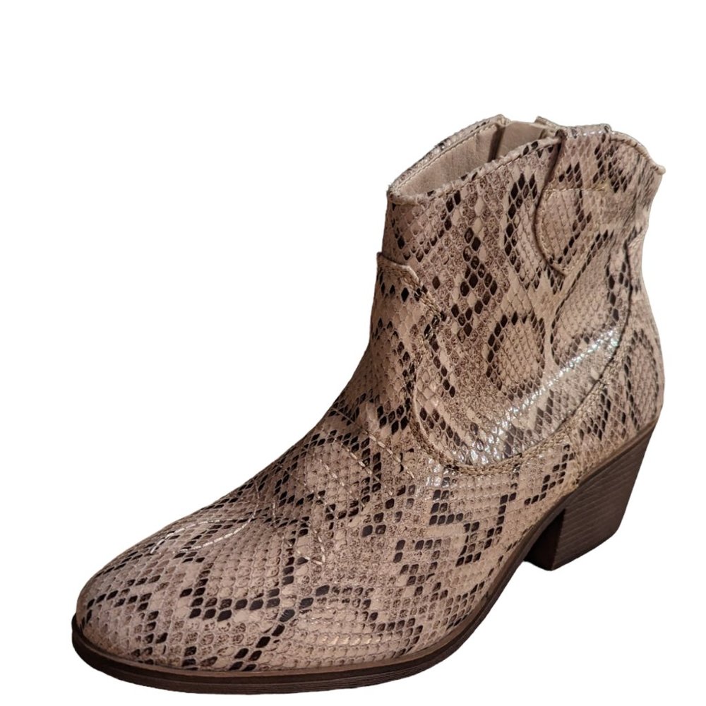 Women's NWT SO faux snakeskin ankle boots, tan/multi, size 10 M